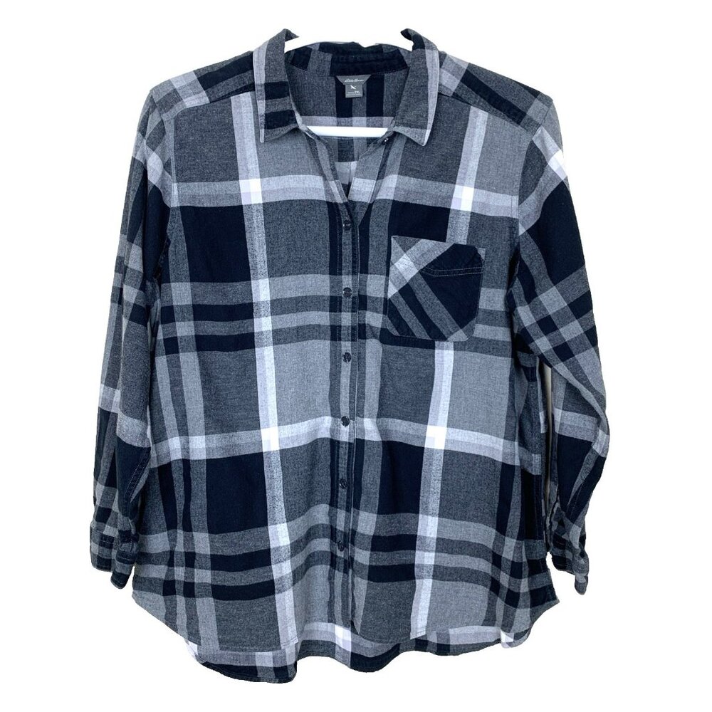 Eddie Bauer Womens 2XL Plaid Button Up Long Sleeve Shirt Gray Black Plaid Fall